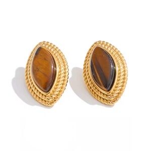 Sara Sotti Stainless Steel Natural Tiger Stone 18k Gold Plate and Brown Earrings